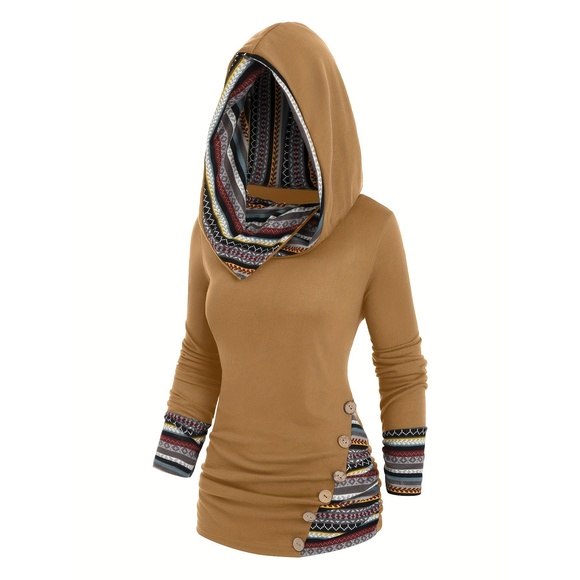 Women'S Fashion Hooded Sweatshirt, Long Sleeve Striped Patchwork Knit with Faux - Picture 1 of 5